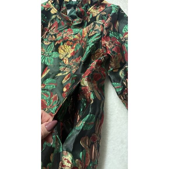 Shop the Mint Metallic Floral Holiday Top Bow Tie Neck Blouse Green Red Small - Picture 11 of 14